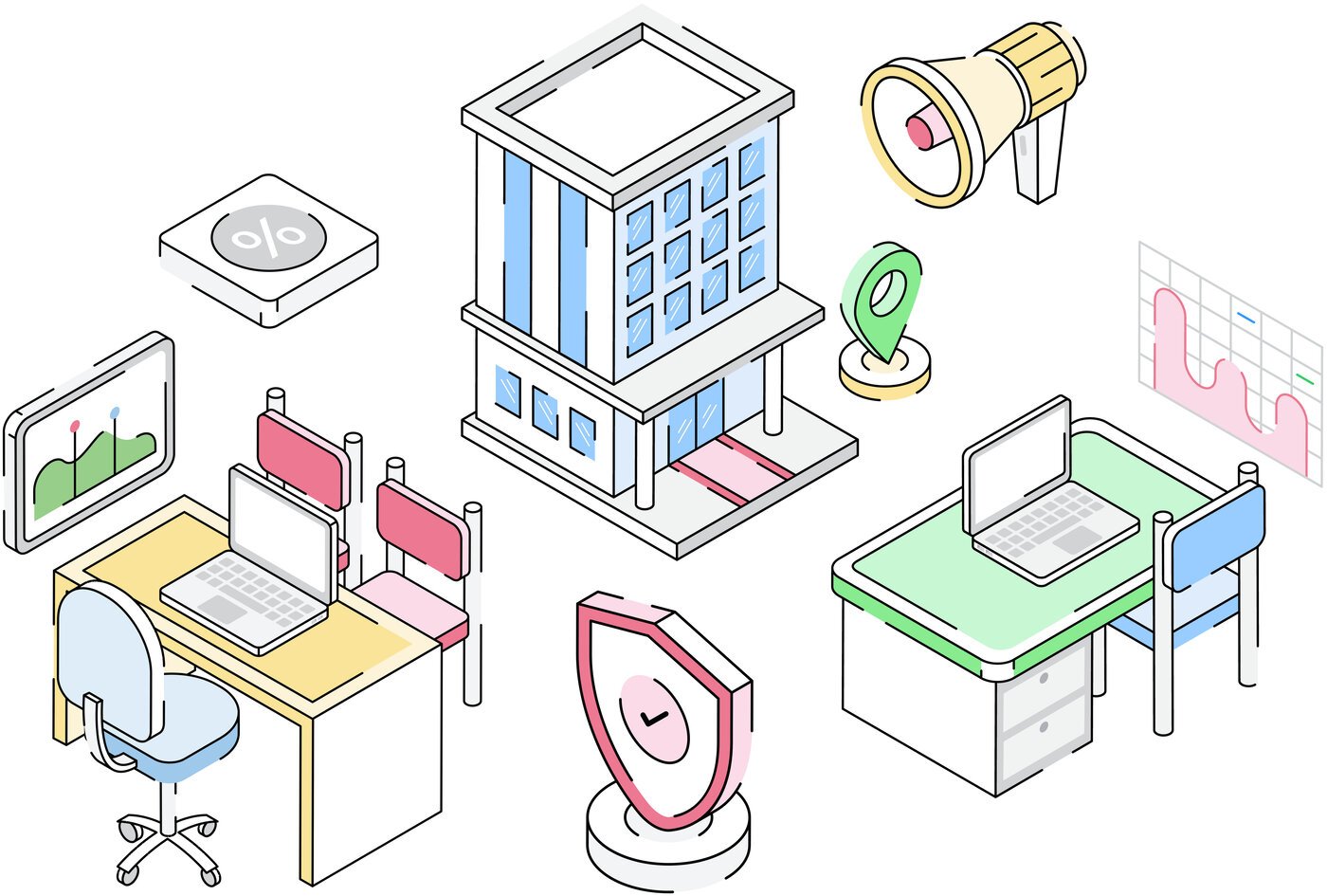 Ilustración de un negocio apoyado en tecnología: oficinas, seguridad y crecimiento